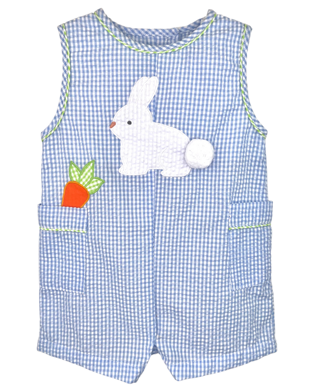 Bunny with Carrot Applique Blue Seersucker Boys Jon Jon, That Store, front