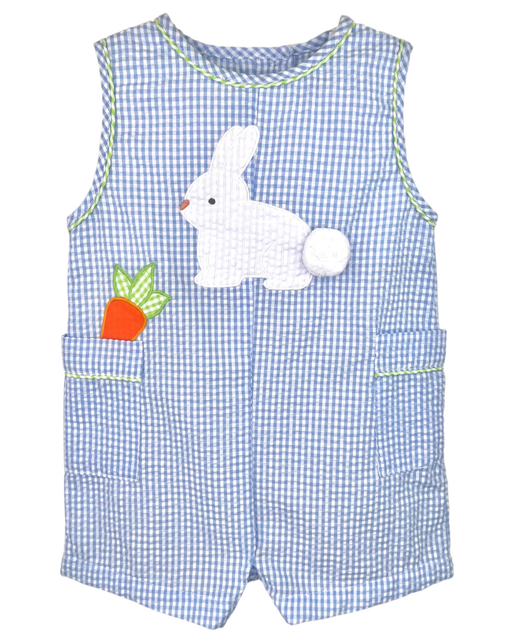 Bunny with Carrot Applique Blue Seersucker Boys Jon Jon, That Store, front