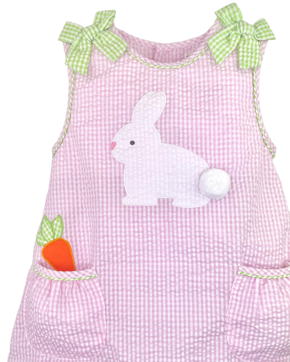 Bunny with Carrot Applique Pink Seersucker Gingham Dress, That Store, close up