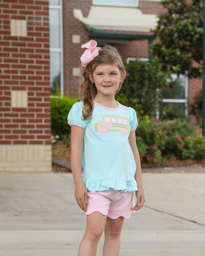Bus Ruffle Girls Mint/Pink Short Set, That Store, child