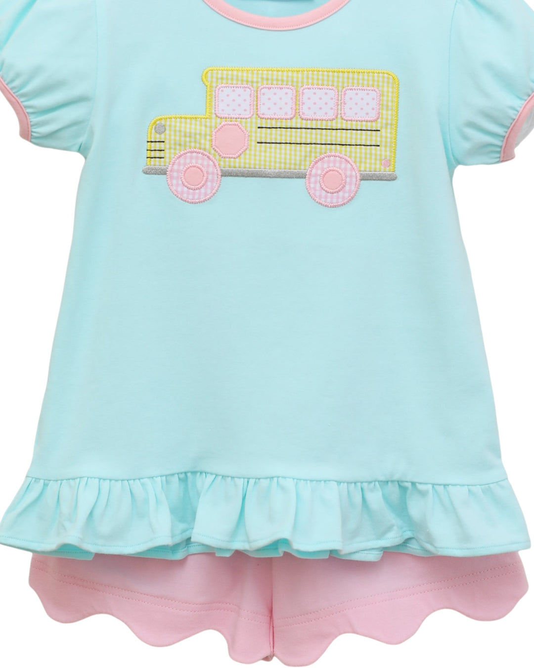 Bus Ruffle Girls Mint/Pink Short Set, That Store, close