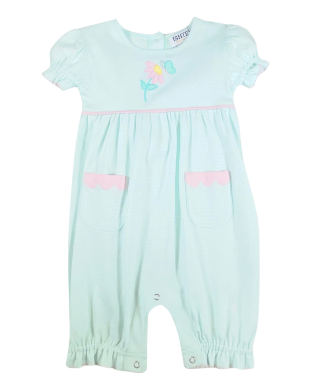 Light blue baby romper with pink accents on a white background