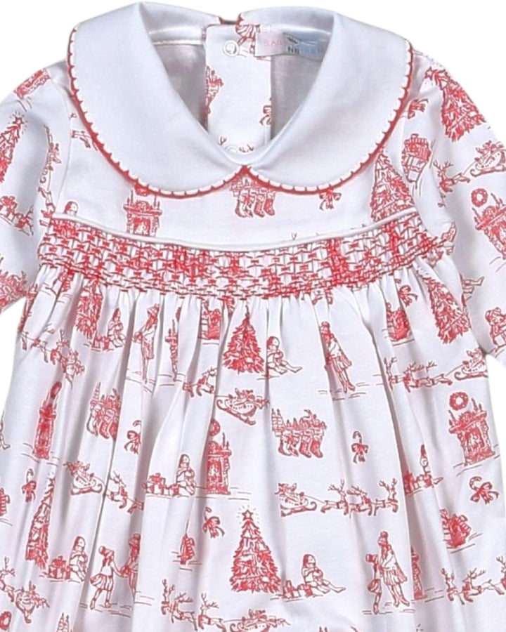 Smocked Christmas Toile Red Girls Footie