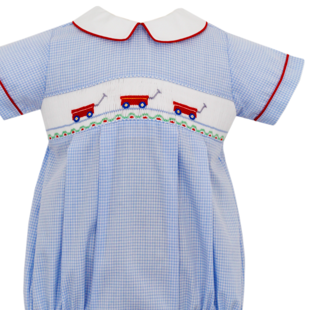 Smocked Red Wagon Blue Gingham Bubble, close up