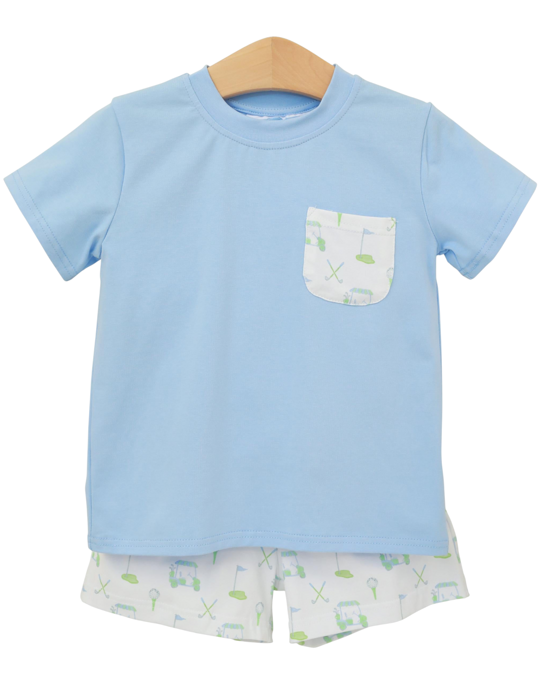 Light blue t-shirt with a pocket and matching shorts on a hanger against a white background