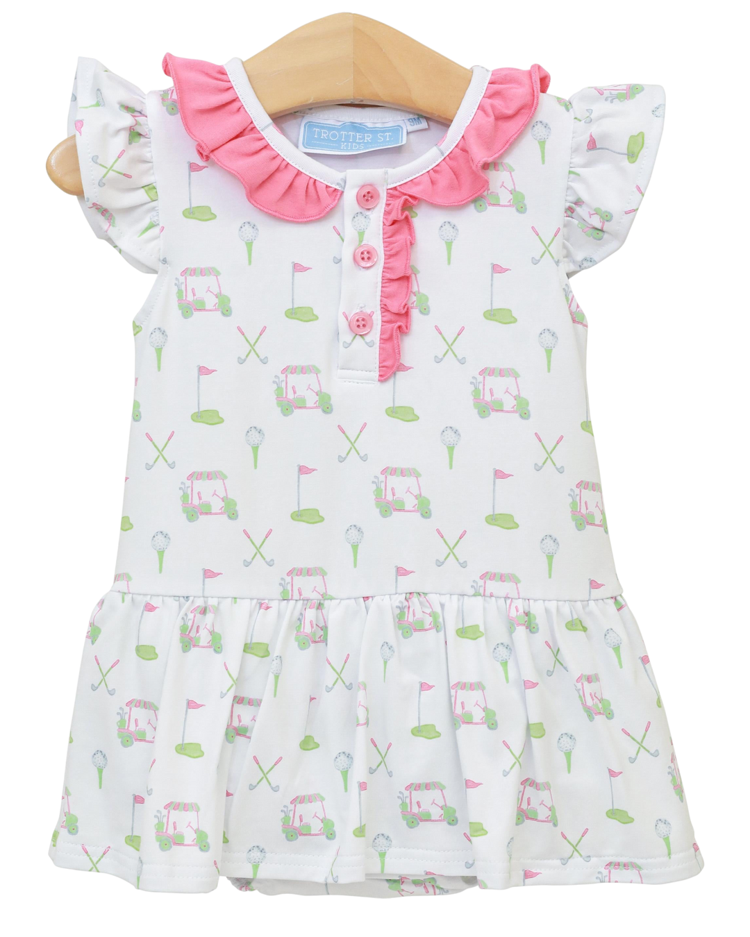 Children's dress with golf pattern and pink collar on a white background