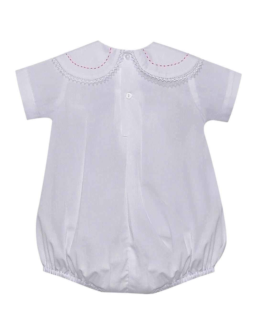 White baby romper with embroidered details on a white background