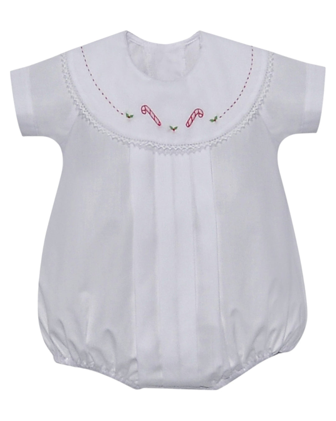 White baby romper with candy cane embroidery on a white background