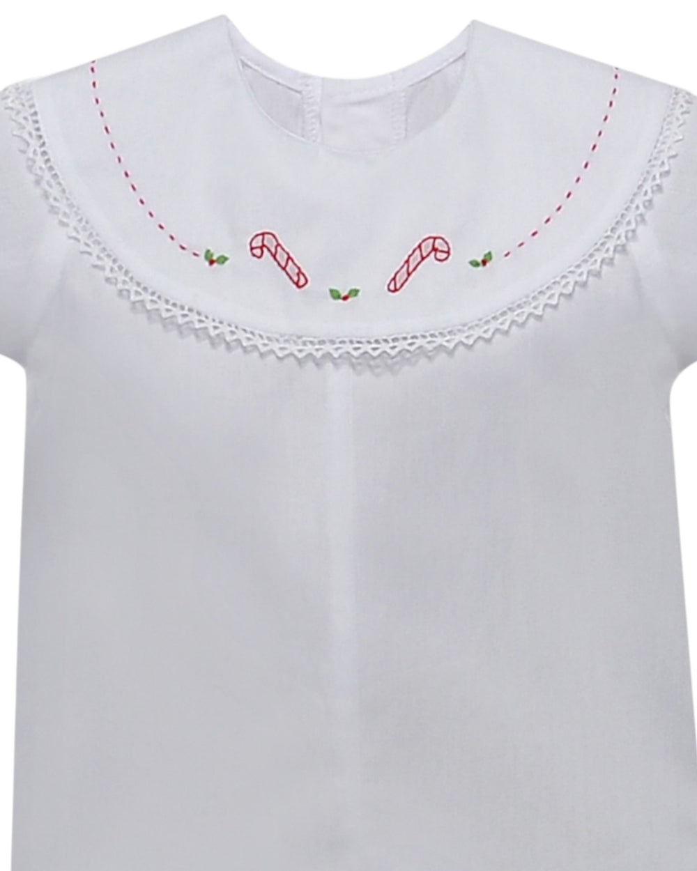 White shirt with red candy cane embroidery on a white background