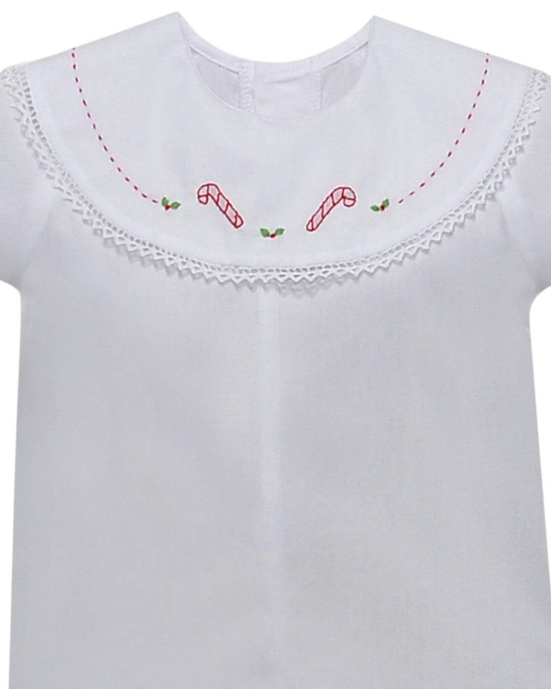 White shirt with red candy cane embroidery on a white background