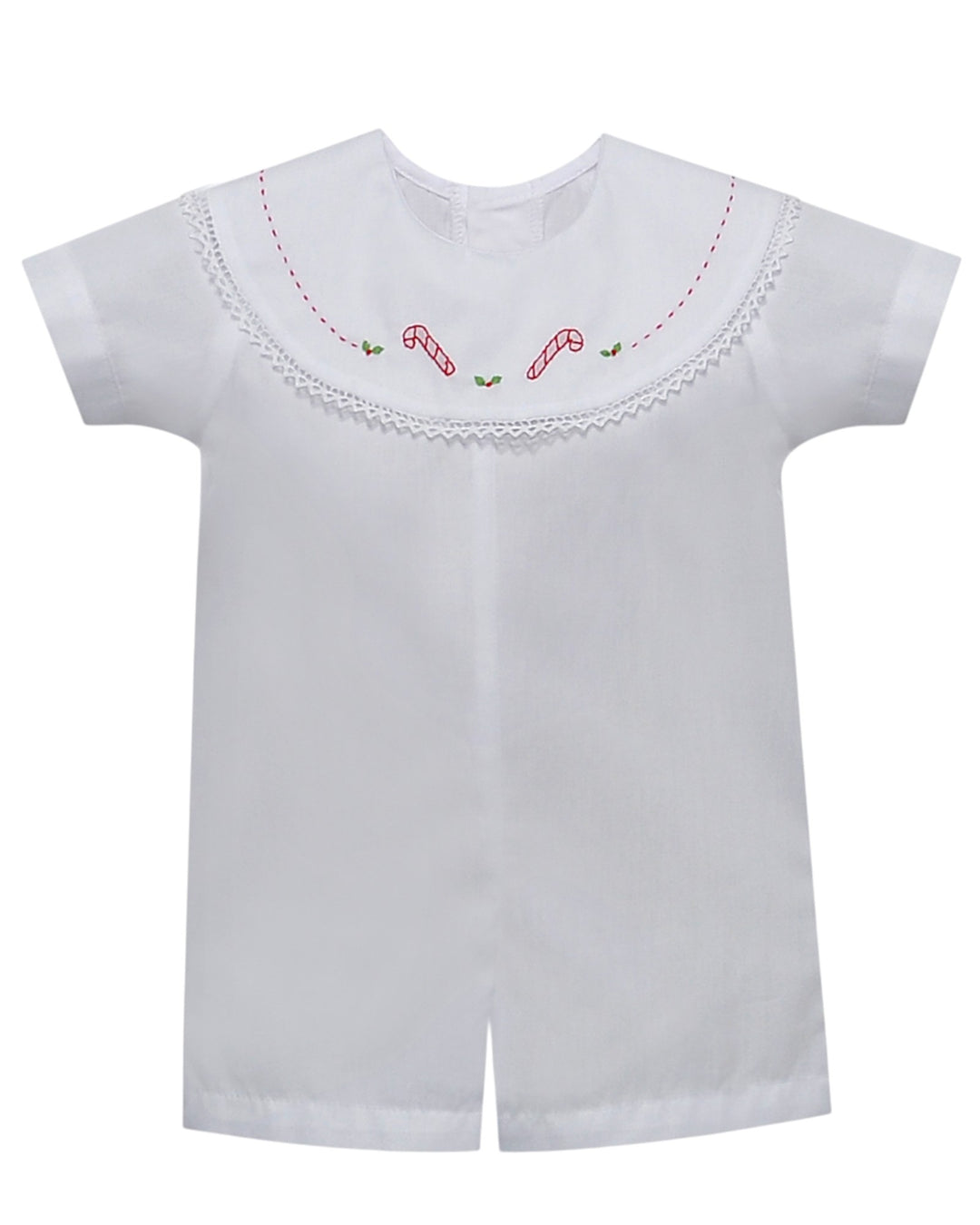 White baby romper with embroidered candy cane design on a white background
