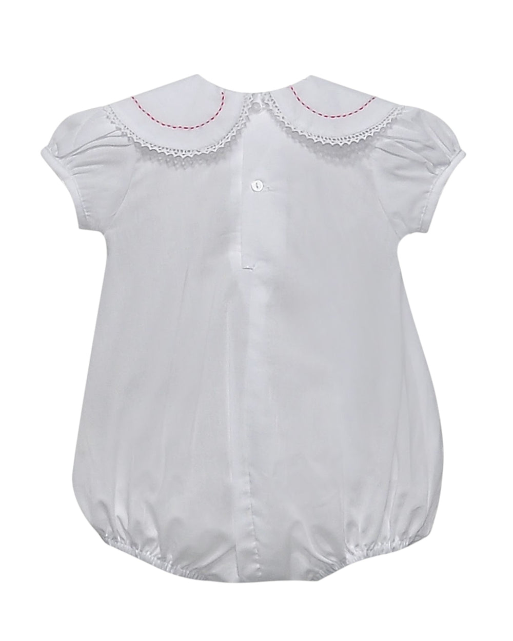 White baby romper with lace collar on a white background