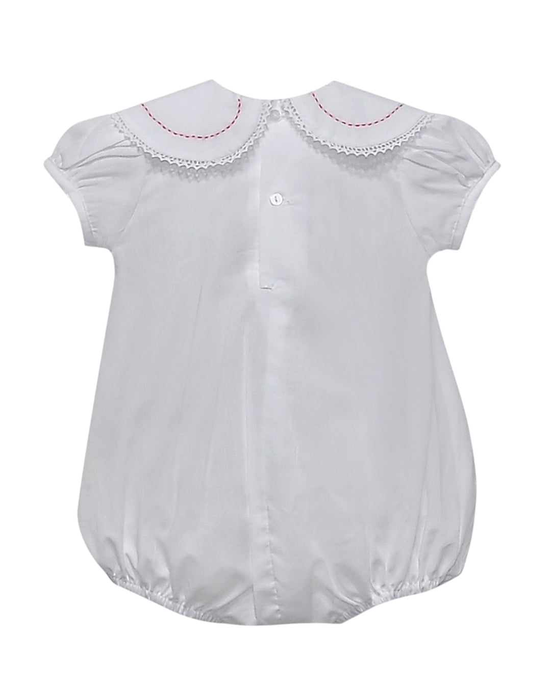 White baby romper with lace collar on a white background