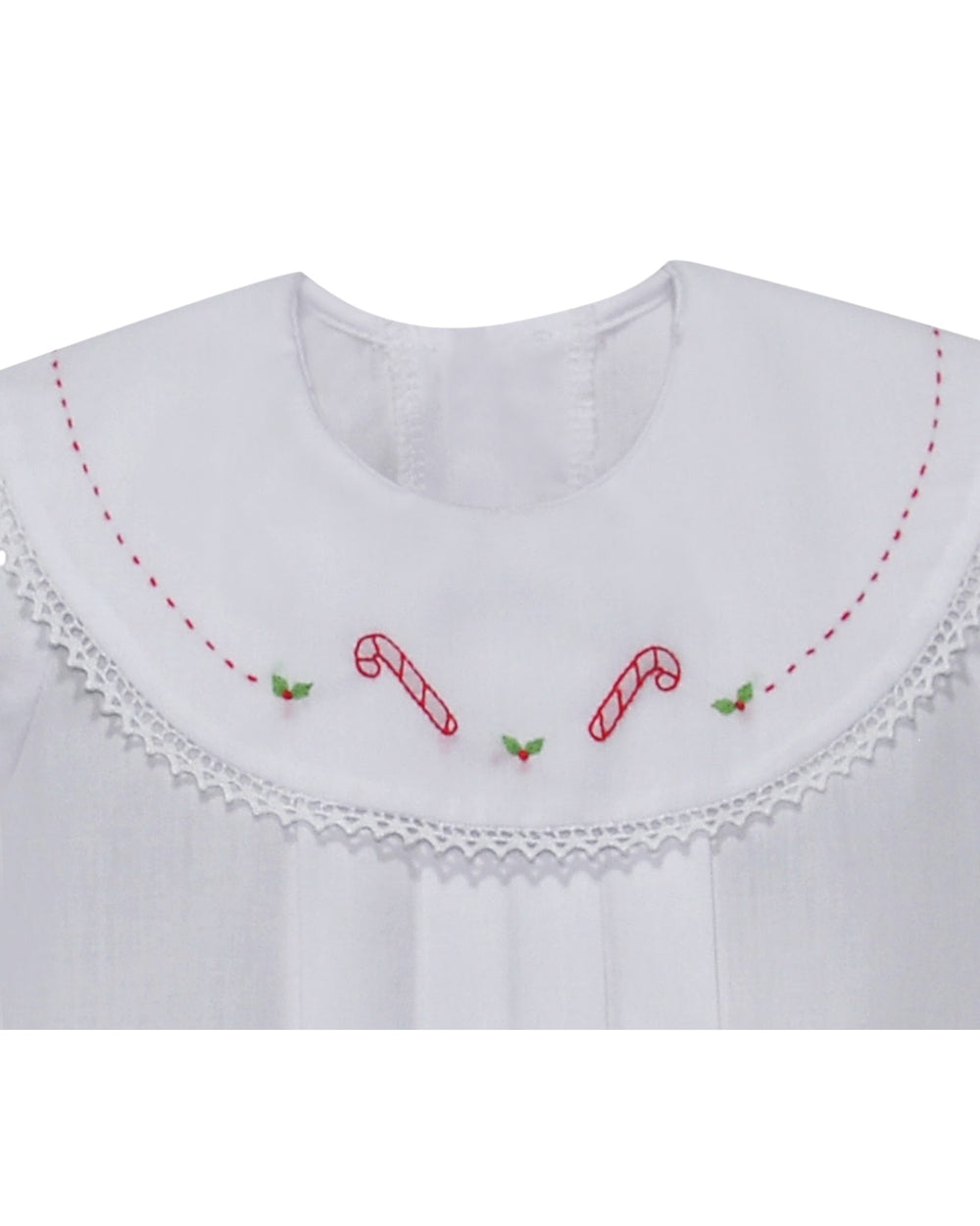 White garment with red candy cane and green leaf embroidery on a white background