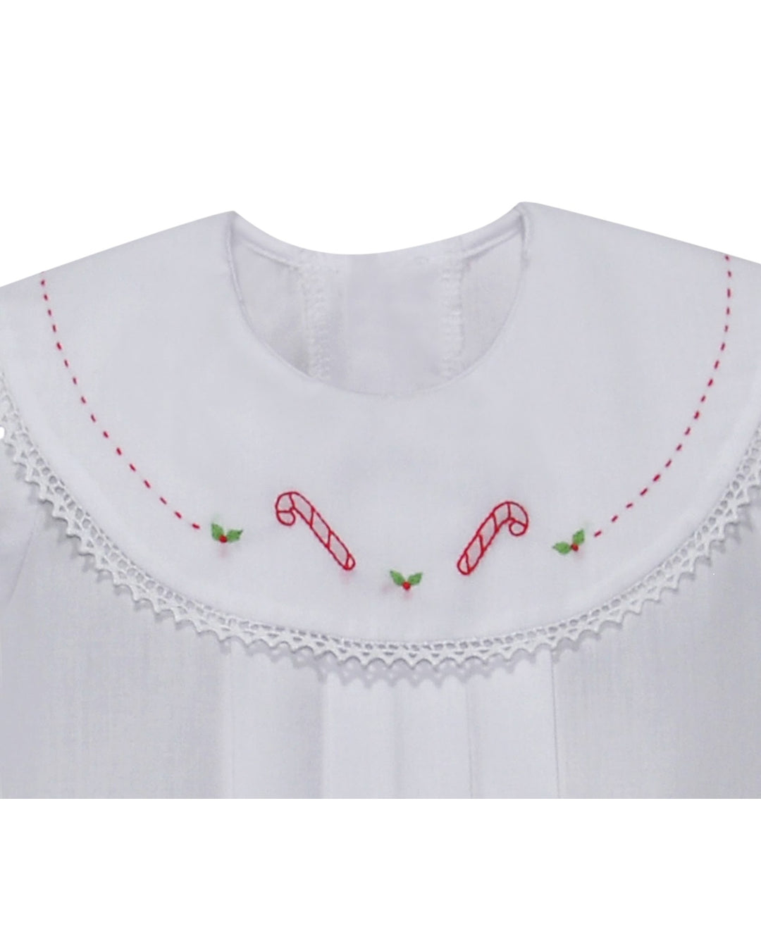 White garment with red candy cane and green leaf embroidery on a white background