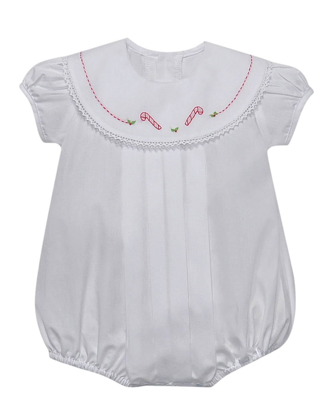 White baby romper with red and green embroidery on a white background