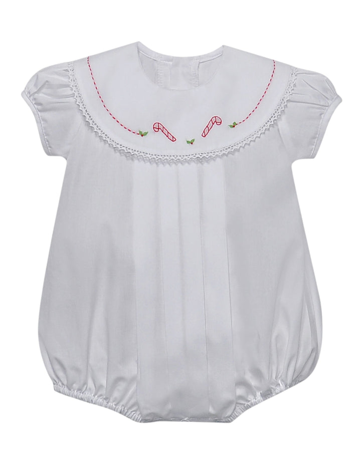 White baby romper with red and green embroidery on a white background