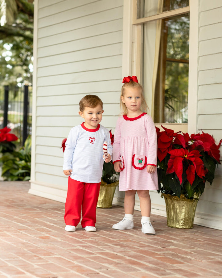  Candy Cane Embroidery Blue & Red Stripe Boys  Pants Set, that store, front
