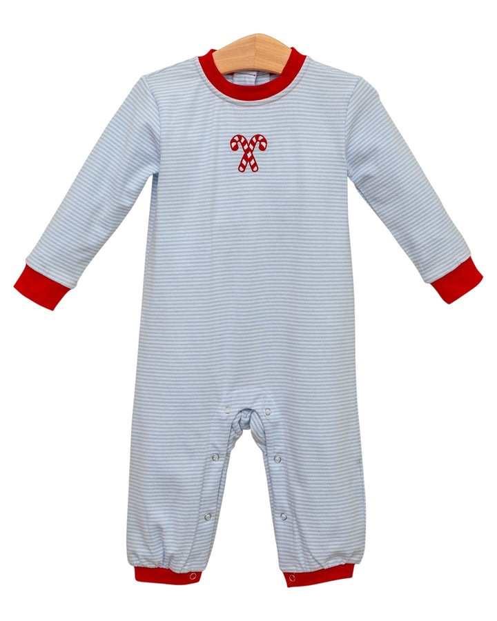 Candy Cane Embroidery Blue Stripe Boys Romper