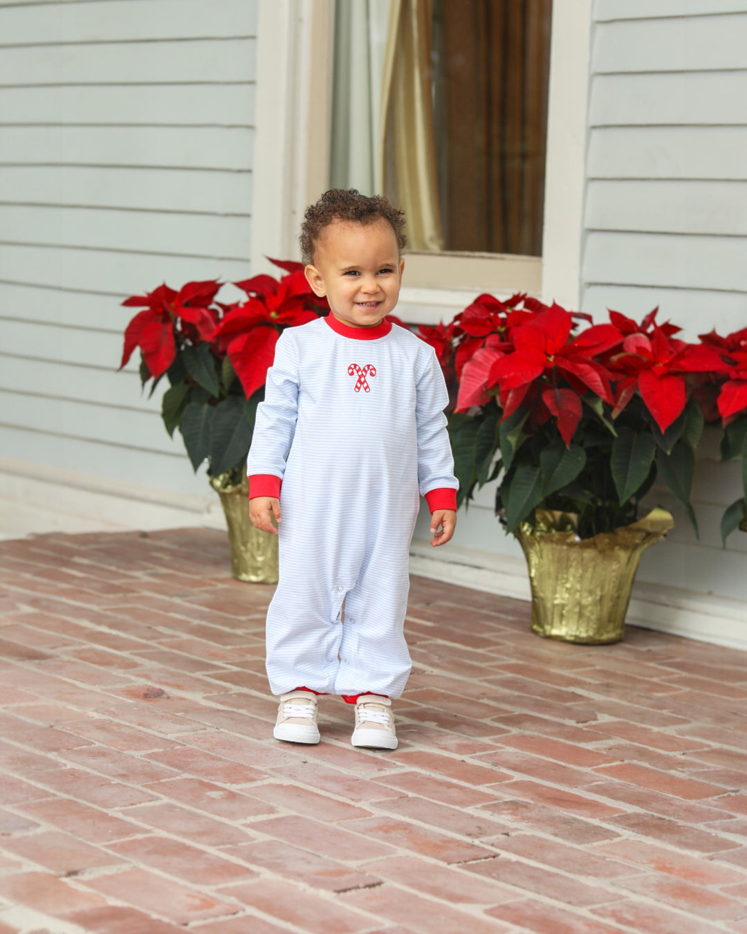 Candy Cane Embroidery Blue Stripe Boys Romper