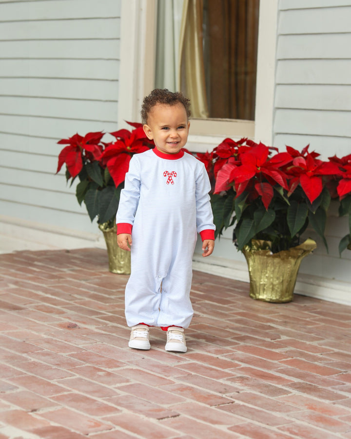 Candy Cane Embroidery Blue Stripe Boys Romper