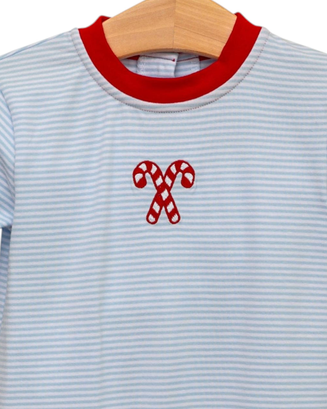 Candy Cane Embroidery Blue Stripe Boys Romper