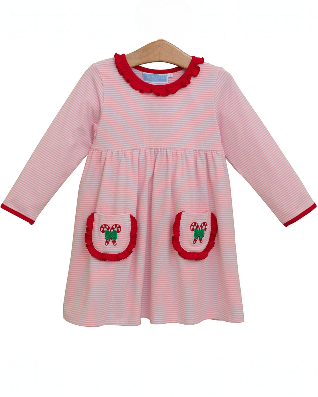 Candy Cane Embroidery Pink Stripe Dress, That Store, front