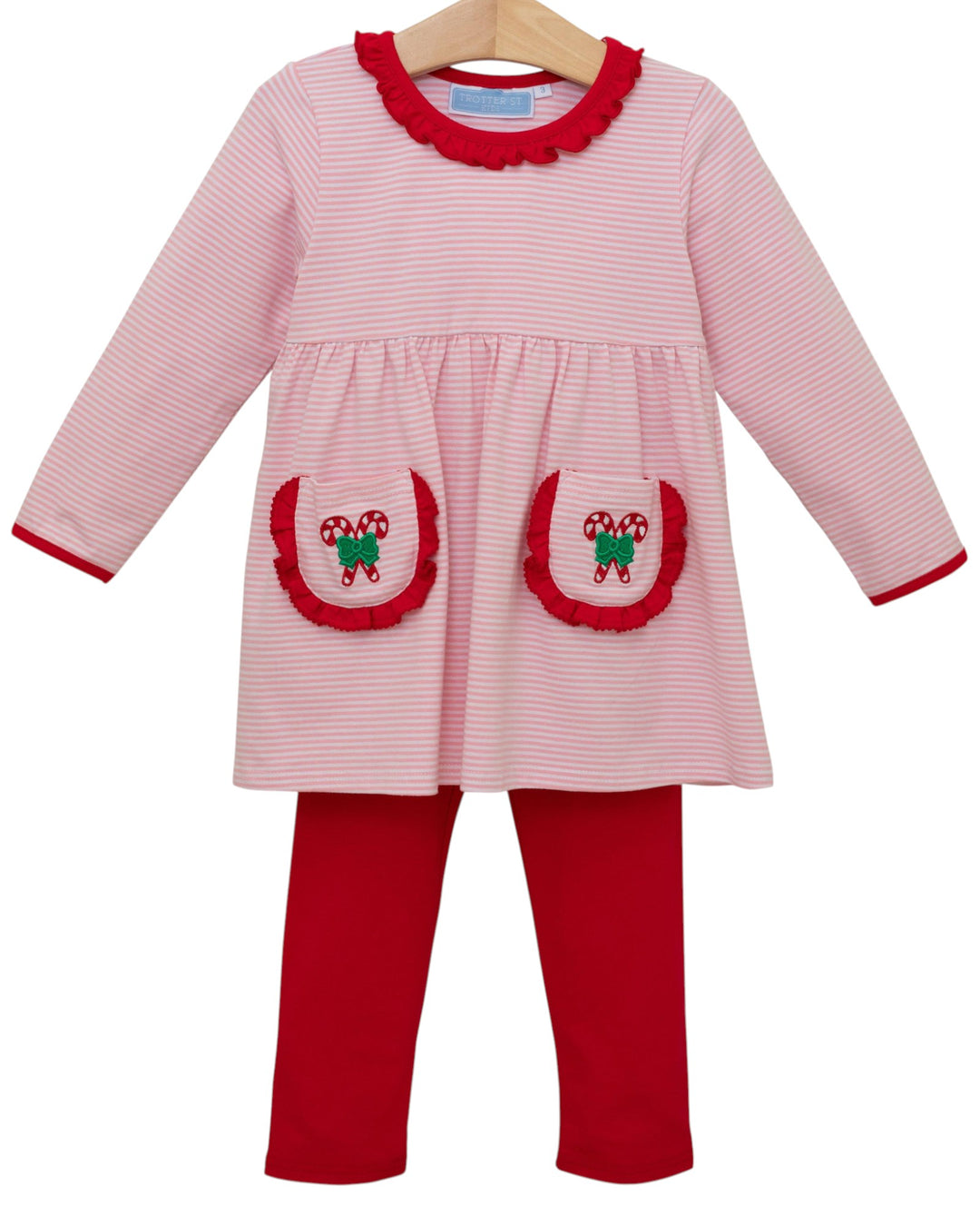  Candy Cane Embroidery Pink Stripe Ruffle Girls Pants Set ,That Store, front
