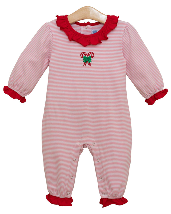 Candy Cane Embroidery Ruffle Pink Stripe Romper