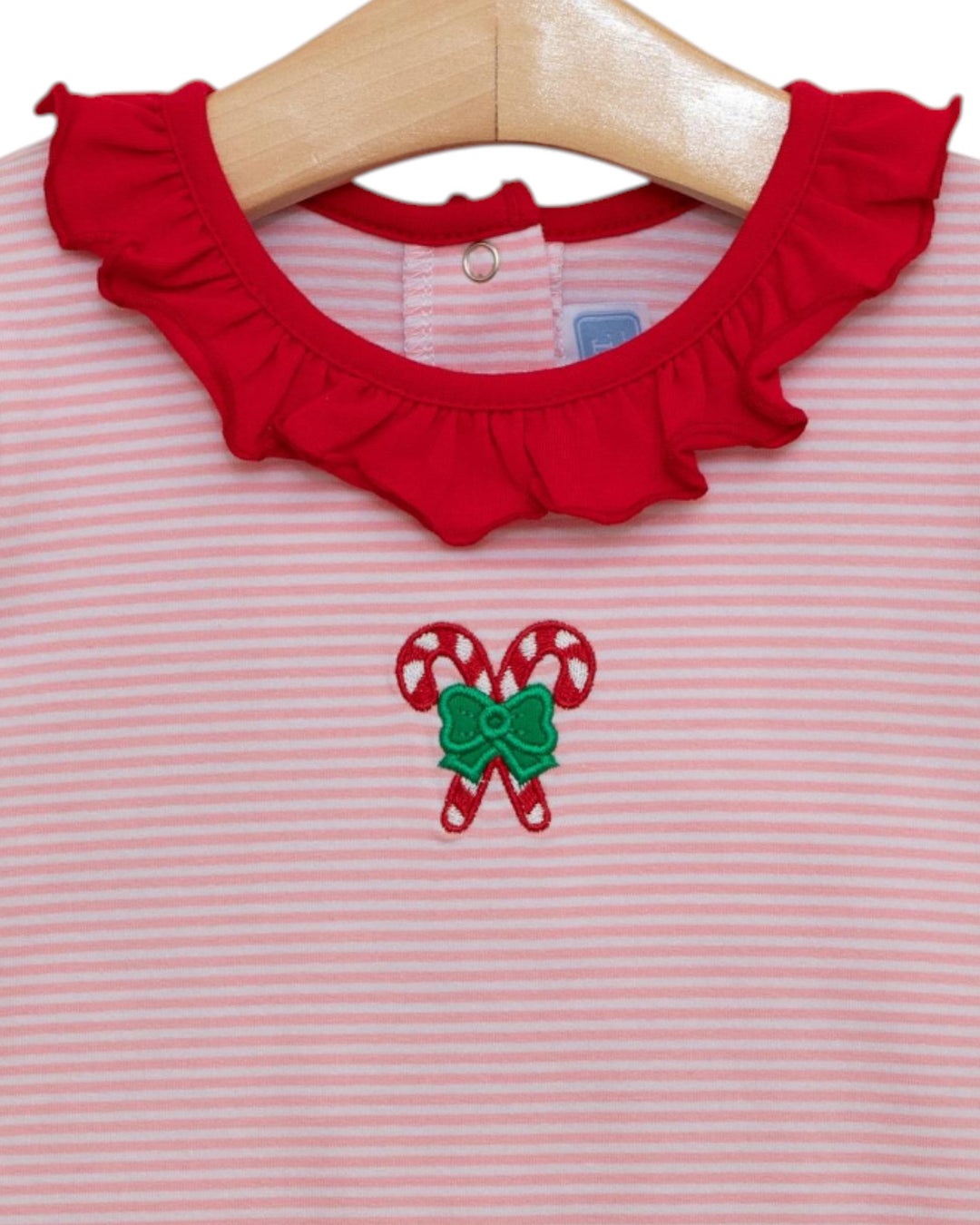 Candy Cane Embroidery Ruffle Pink Stripe Romper