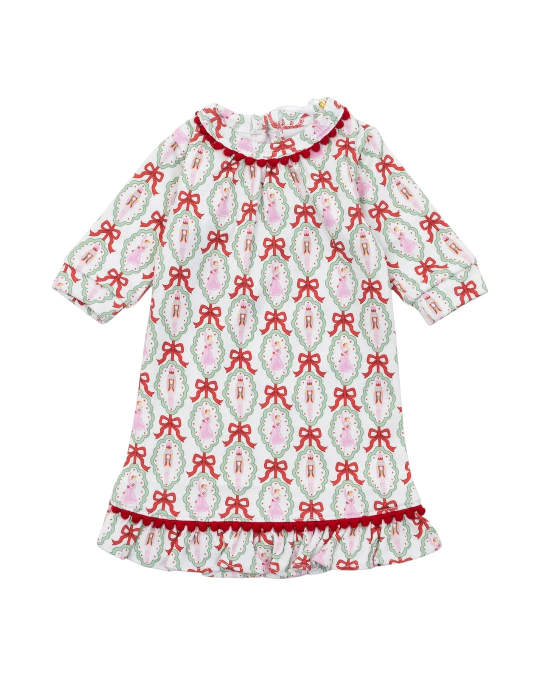Children's nightgown with red and pink bow pattern on a white background