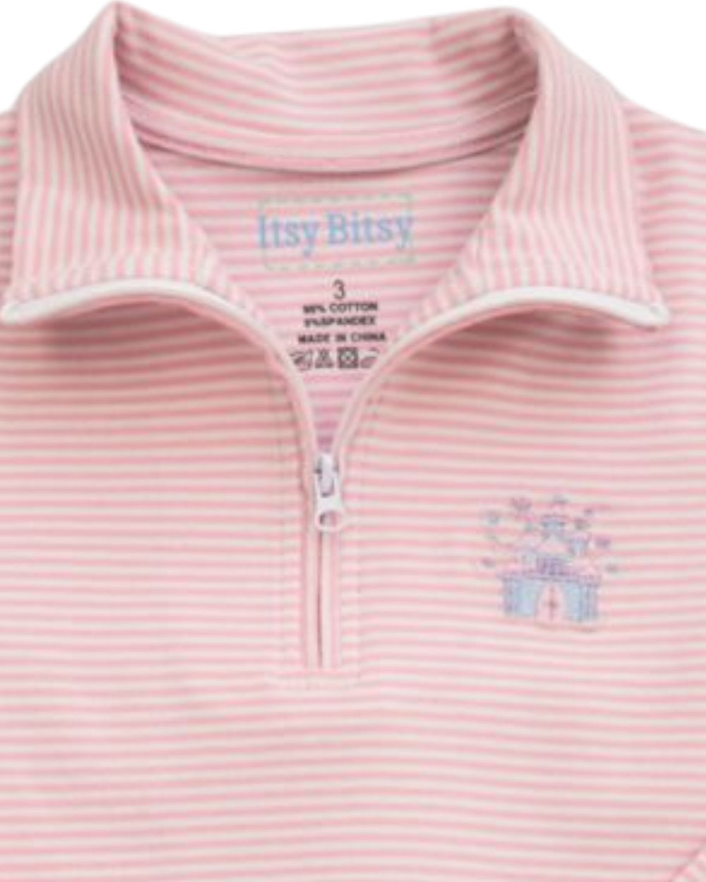 Pink and white striped quarter-zip polo shirt with a white collar trim and a small embroidered castle logo on the chest, that store