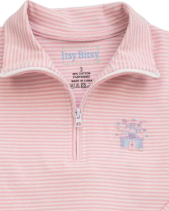 Pink and white striped quarter-zip polo shirt with a white collar trim and a small embroidered castle logo on the chest, that store