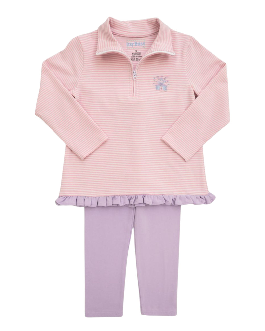 A toddler girl's two-piece outfit set by The Little Star, featuring a light pink and white striped long-sleeve quarter-zip top with a ruffled hem and matching light purple leggings, that store
