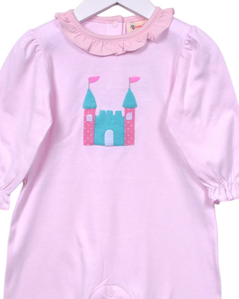 Castle Felt Applique Pink Stripe Girls Romper, close up