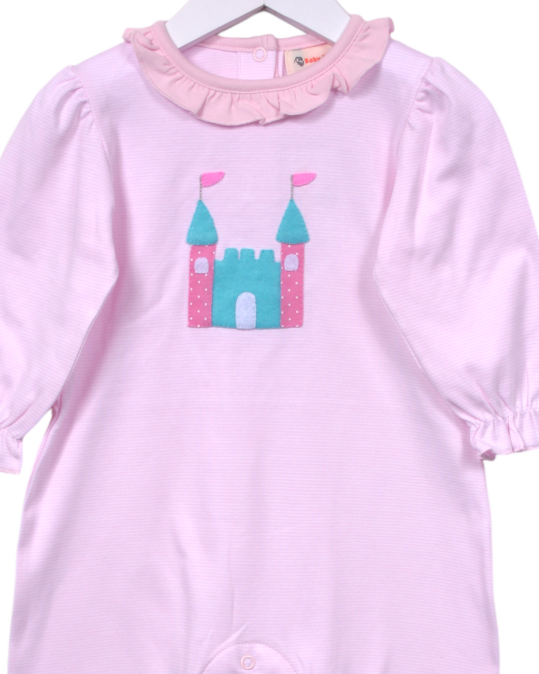Castle Felt Applique Pink Stripe Girls Romper, close up
