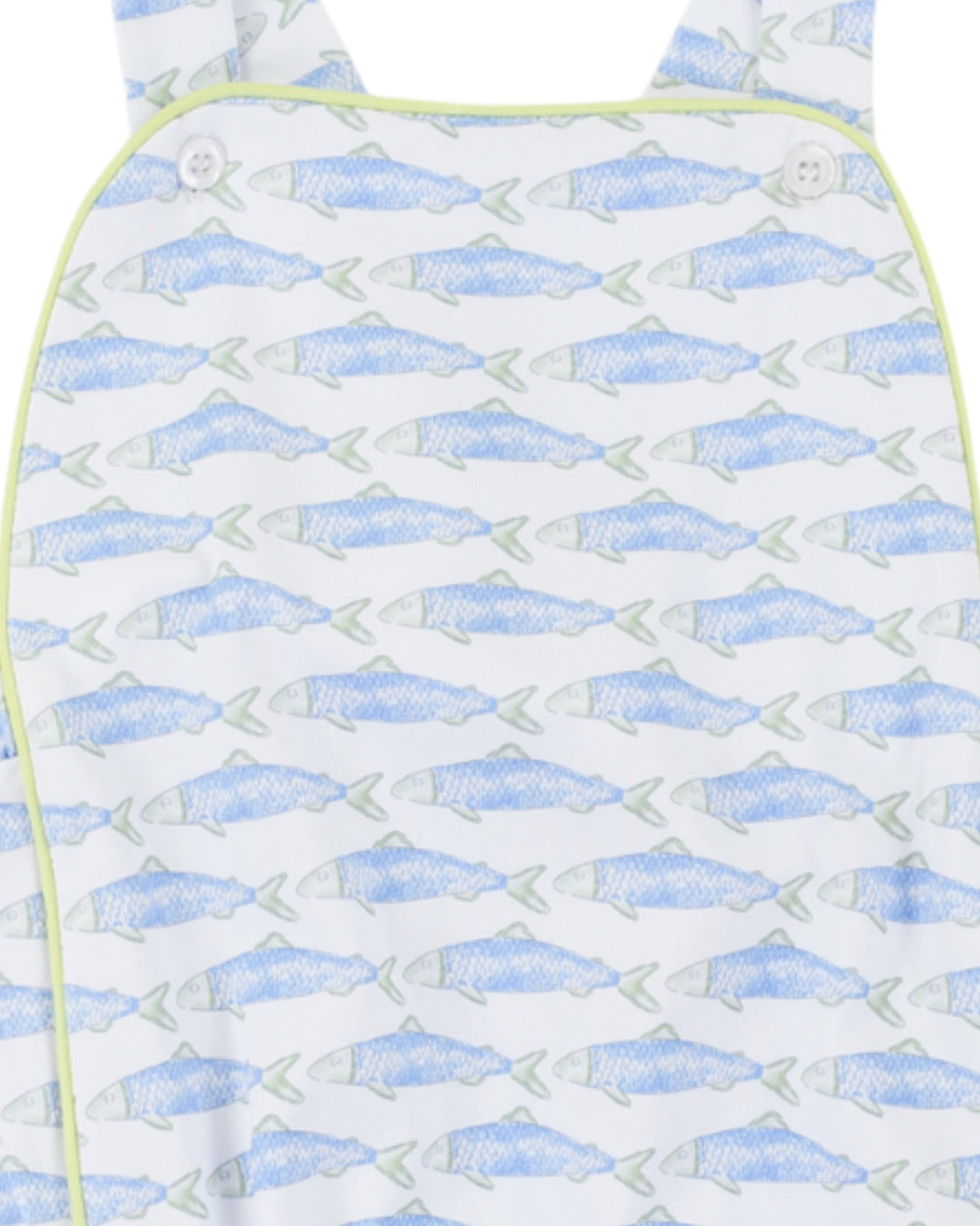 Baby romper with blue fish pattern on a white background