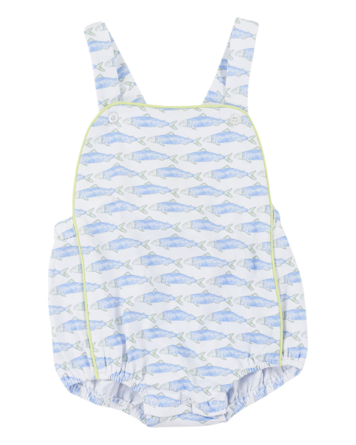Baby romper with blue fish pattern on a white background