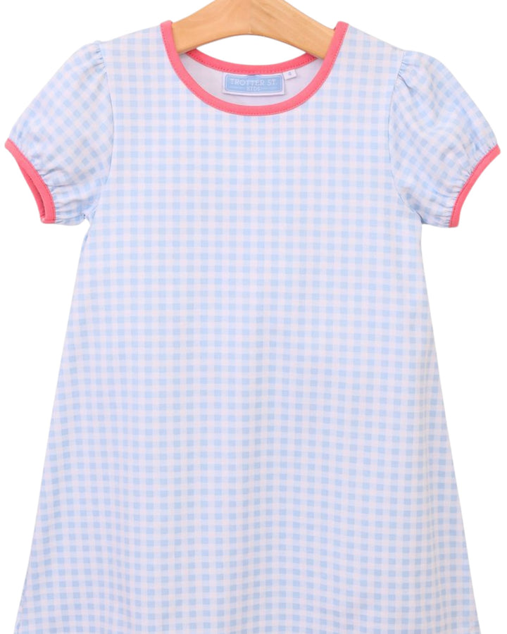 Cecilia Dress- Light Blue Gingham/Pink, Shop That Store, close up