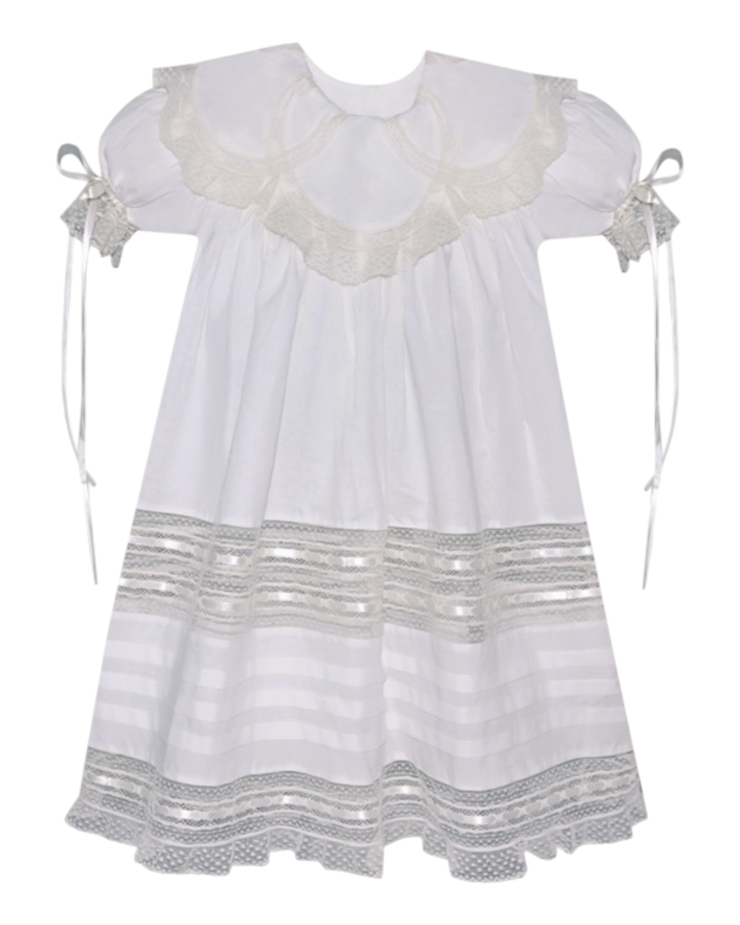 White dress with lace details on a white background