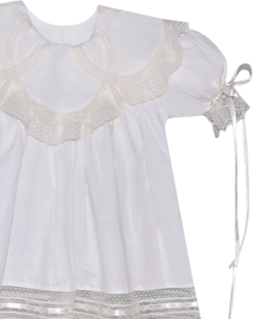 White dress with lace details on a white background