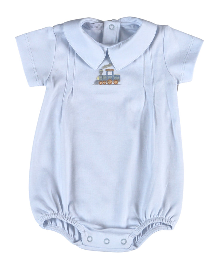 Baby romper with collar and train design on a white background