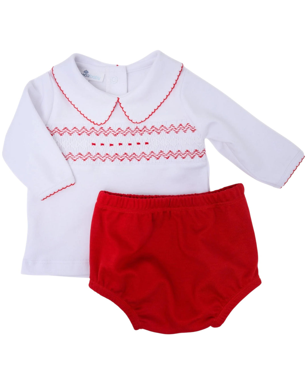 White long-sleeve top with red stitching and red bloomers on a white background