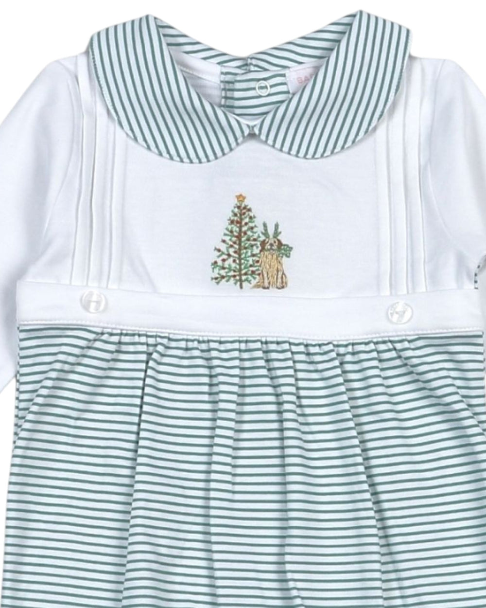 Children's outfit with striped collar and green and white stripes on a white background