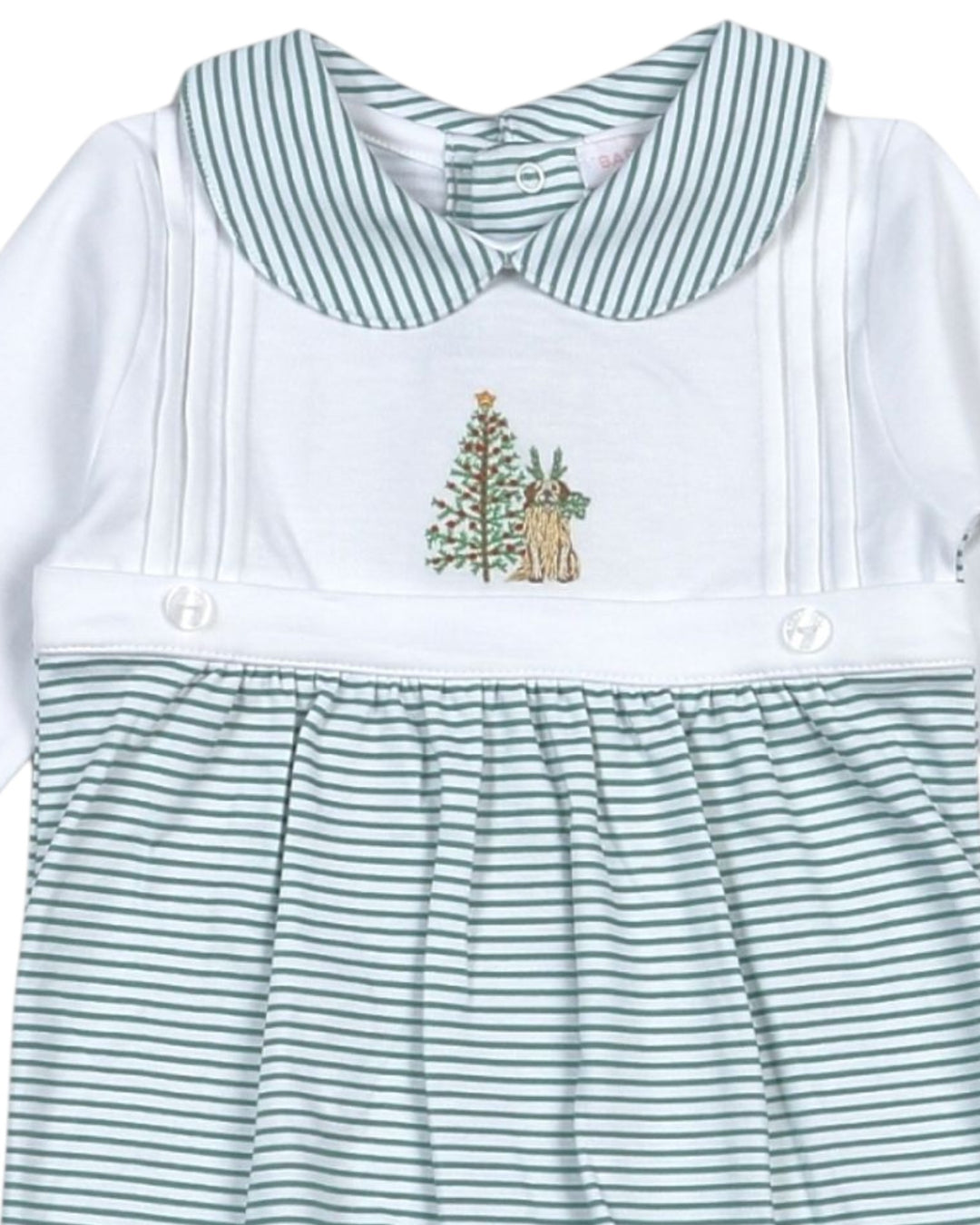 Children's outfit with striped collar and green and white stripes on a white background