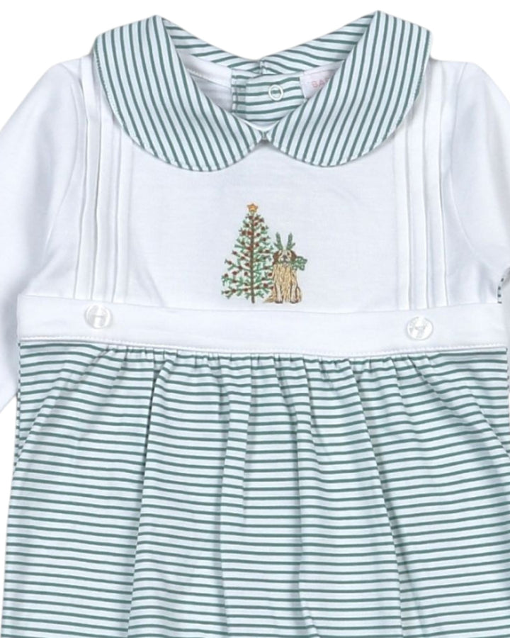 Children's outfit with striped collar and green and white stripes on a white background