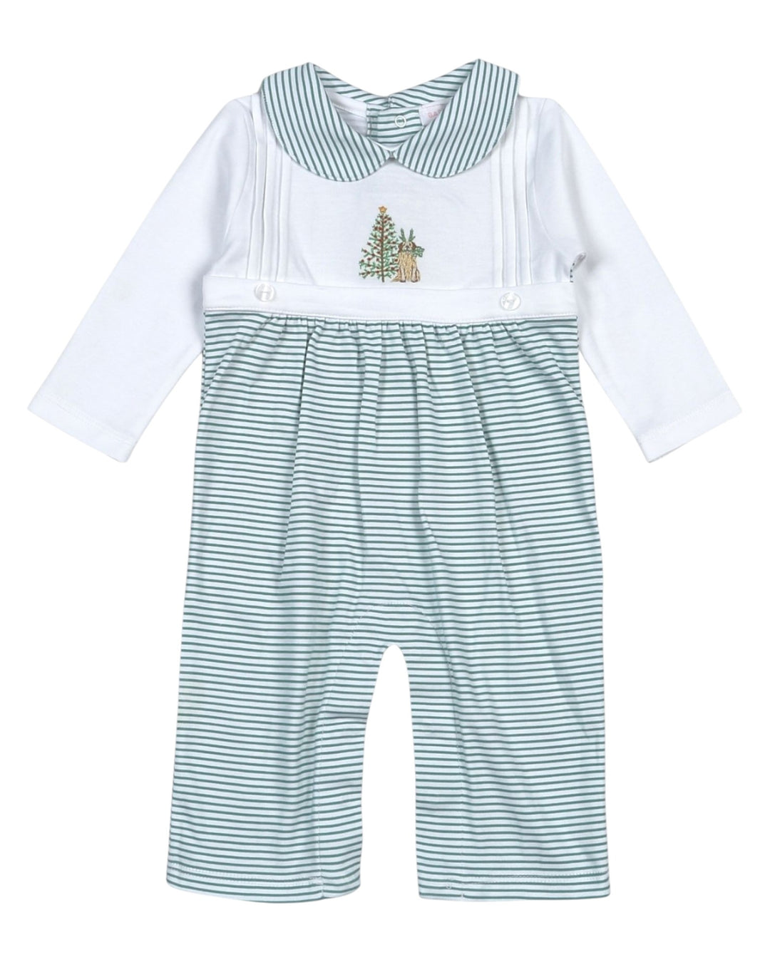 Children's outfit with white shirt and green striped overalls on a white background