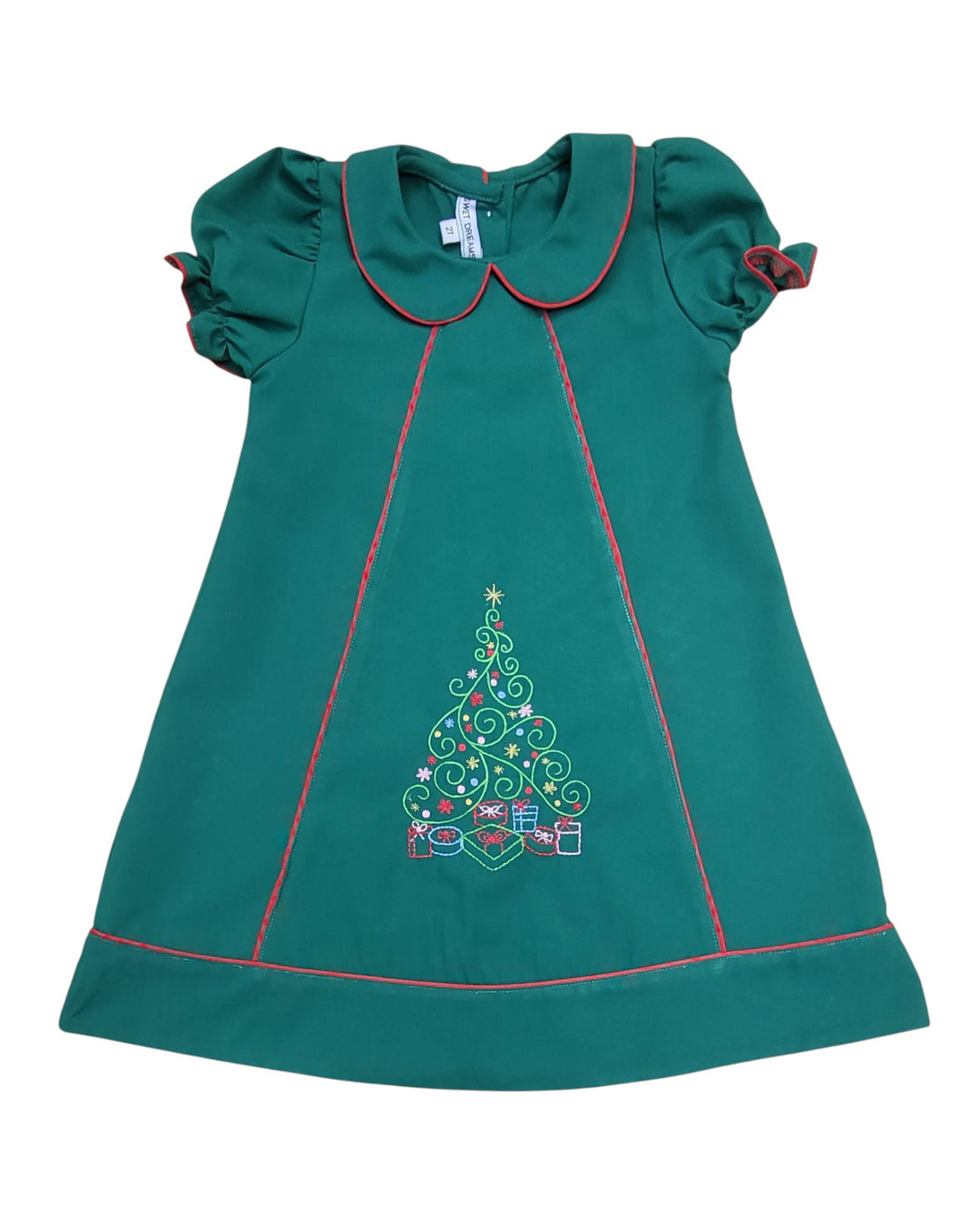 Green dress with a Christmas tree design on a white background