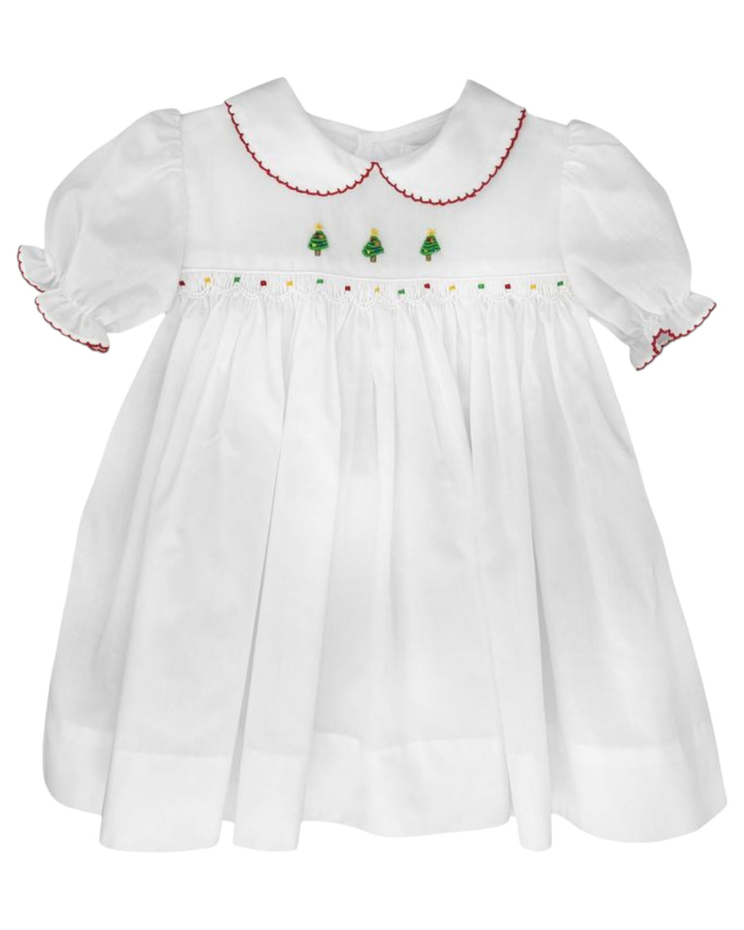 White dress with embroidered Christmas trees on a white background