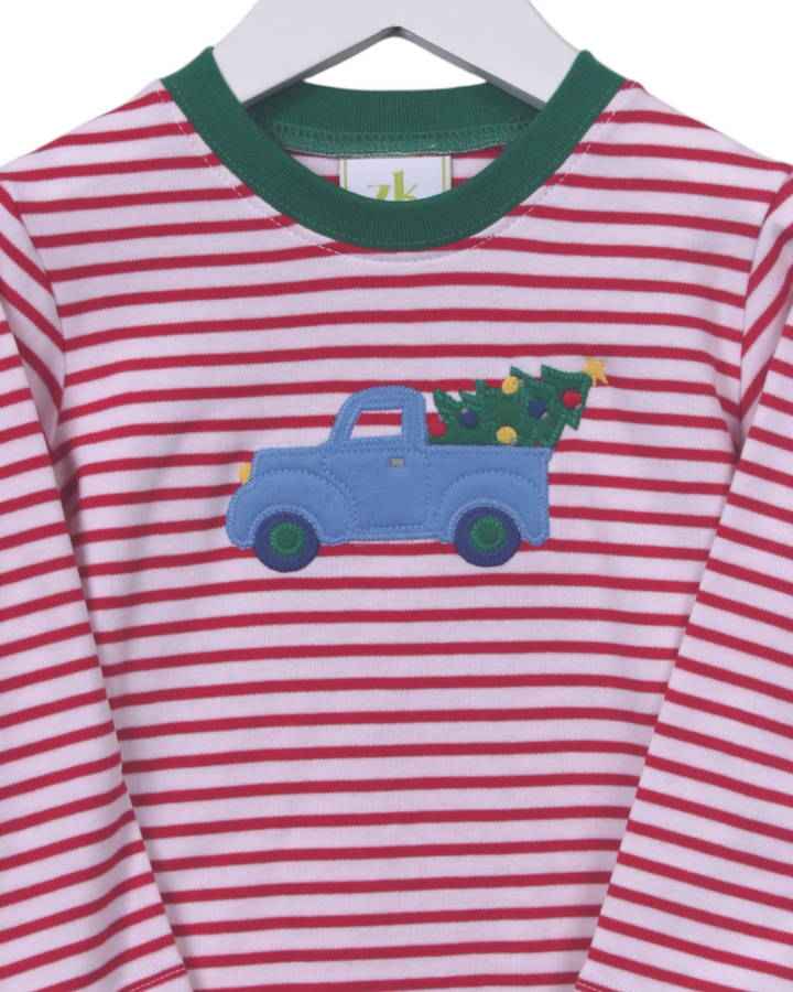 Christmas Truck & Tree Red Stripe Knit Boy's Shirt, That Store, close up